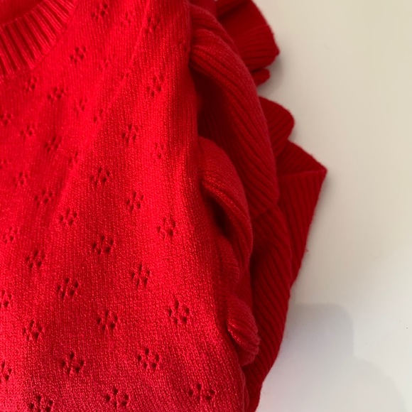 Ruffle Pointelle Knit Sweater Red - Picture 9 of 10